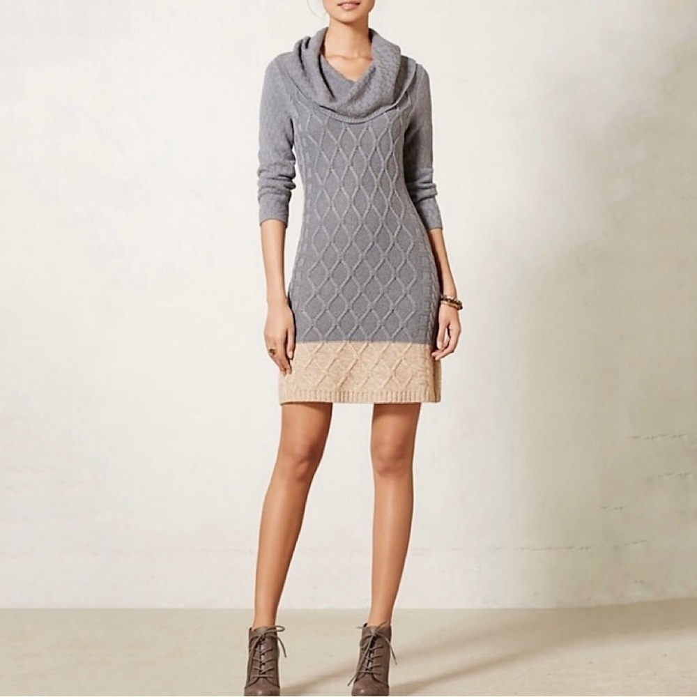 Anthropologie Gray and Beige Cable-Knit Cowl Neck Sweater Dress